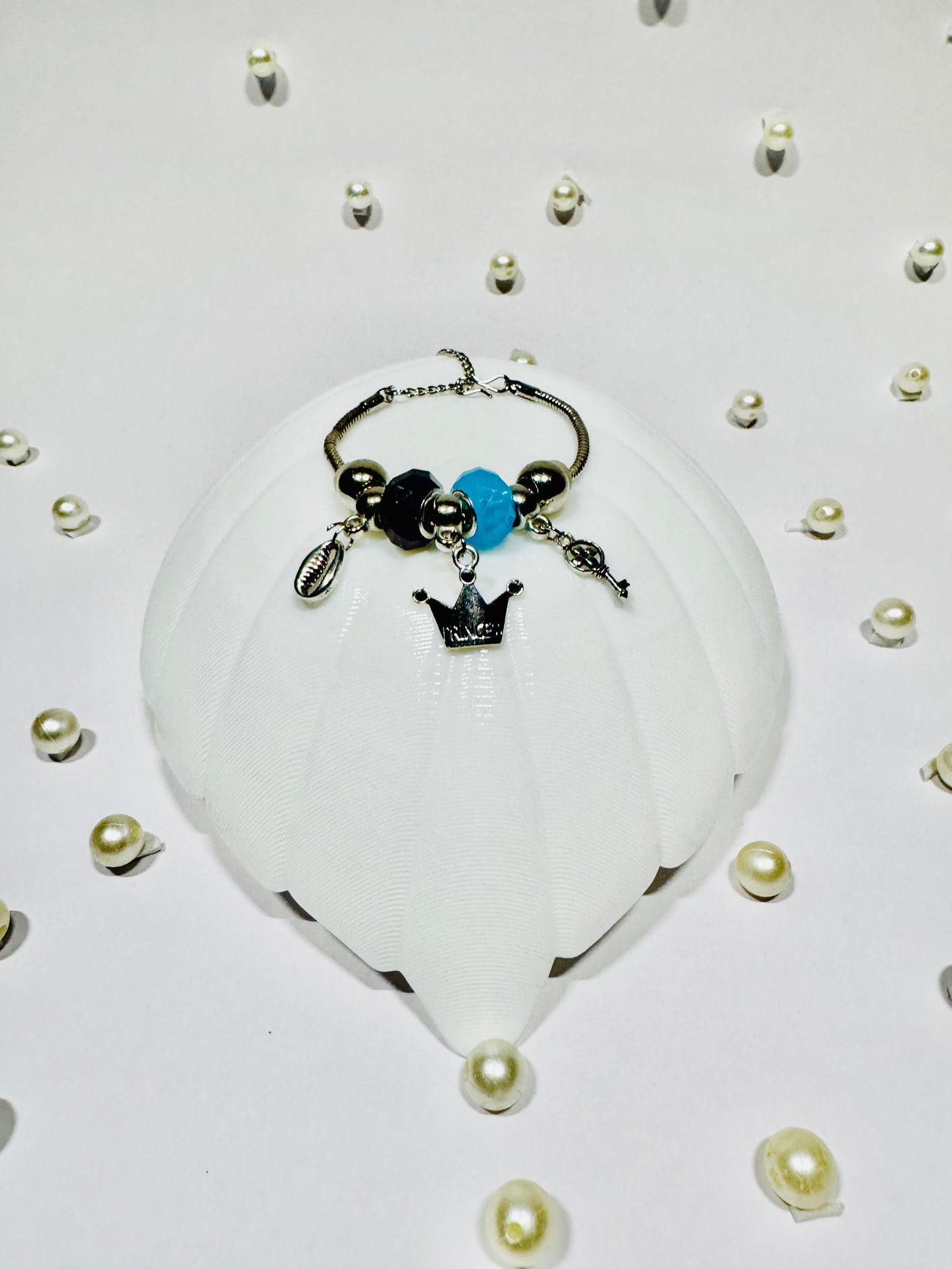 Stainless Steel Charm Bracelet with Blue Black Beads