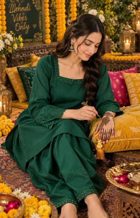 Emerald Green Pakistani Silk Farshi Set with Gold-Trimmed Dupatta