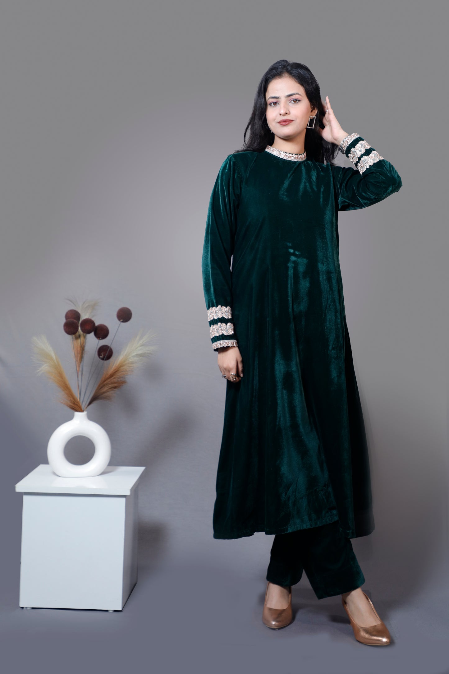Two Piece Green Velvet Set(High Neck)