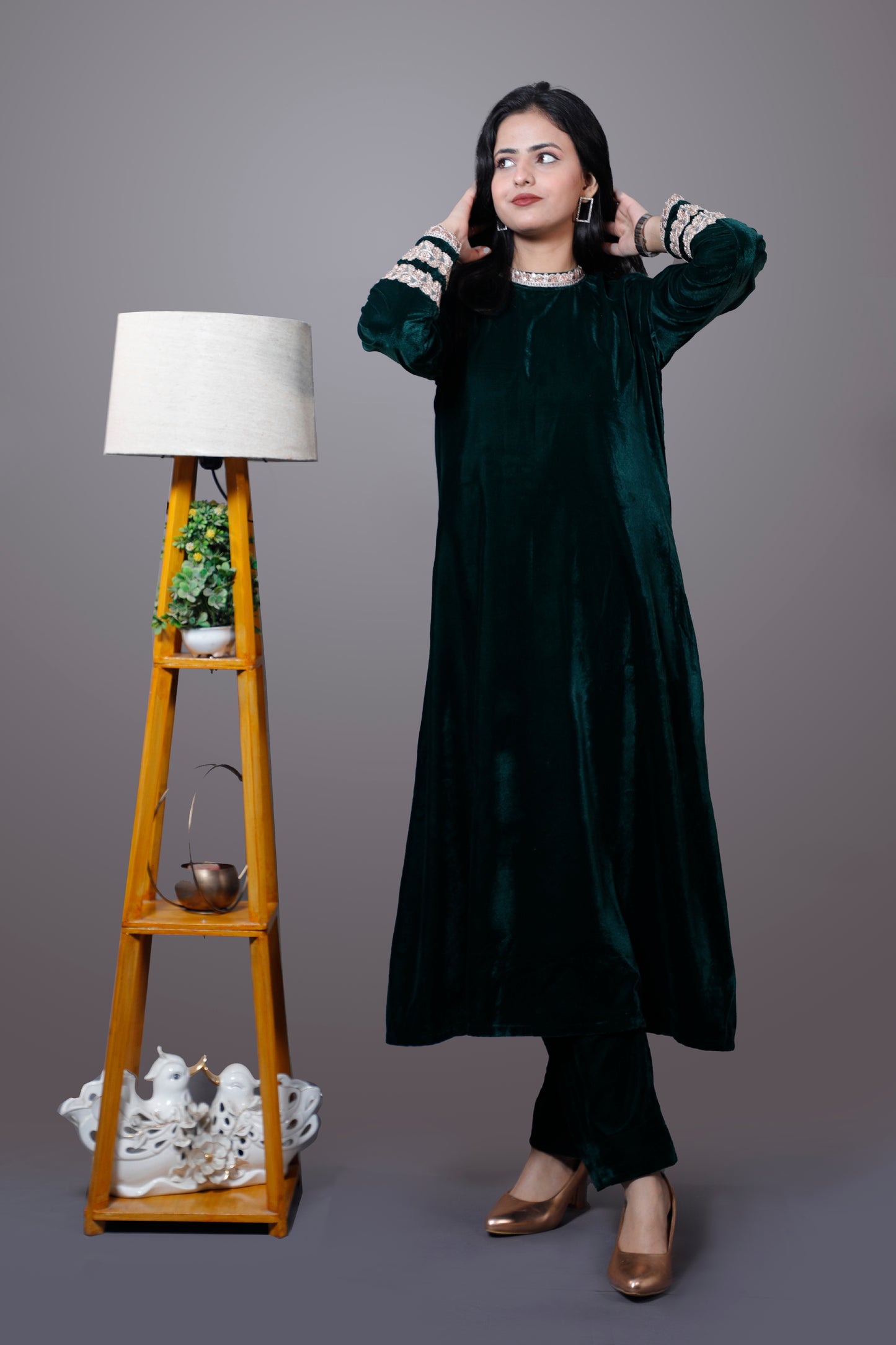 Two Piece Green Velvet Set(High Neck)
