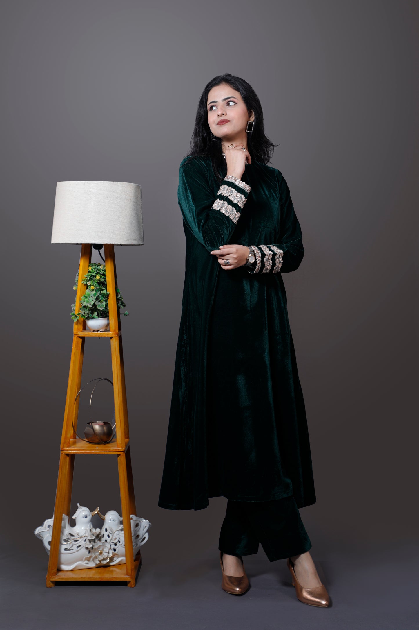 Two Piece Green Velvet Set(High Neck)