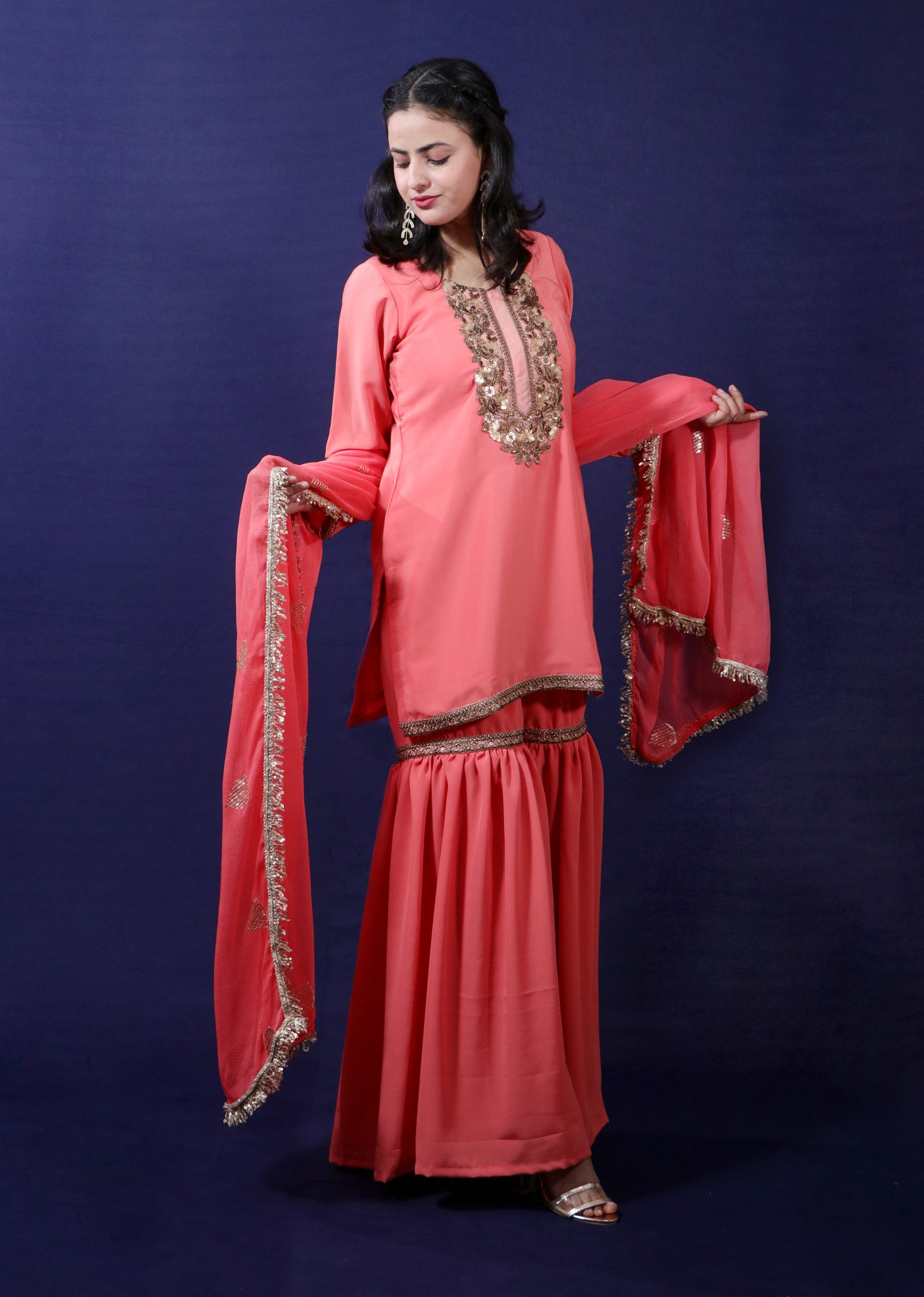 Sunset Orange Crepe Fabric Gharara Set