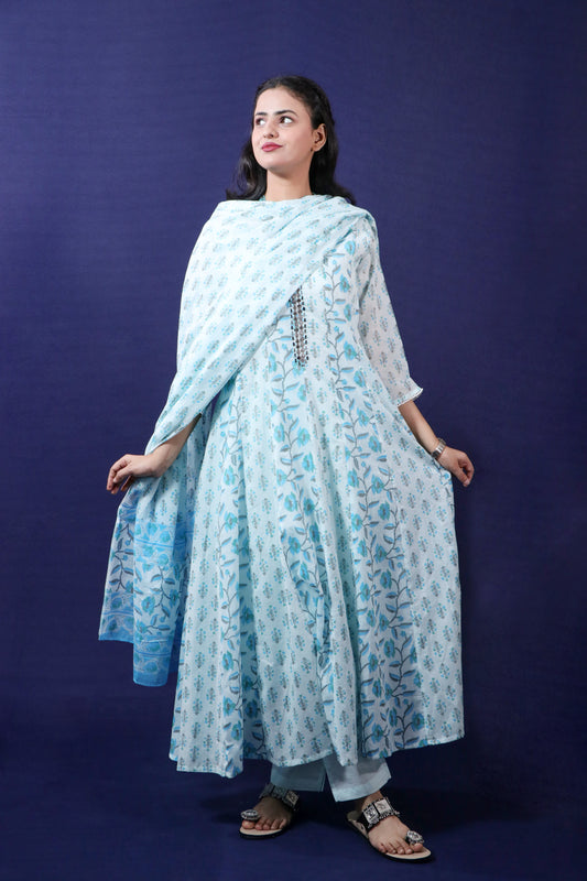 Elegant Sky Blue Mul Cotton Anarkali Suit