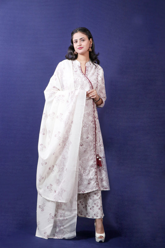 White & Maroon Printed Angrakha Suit