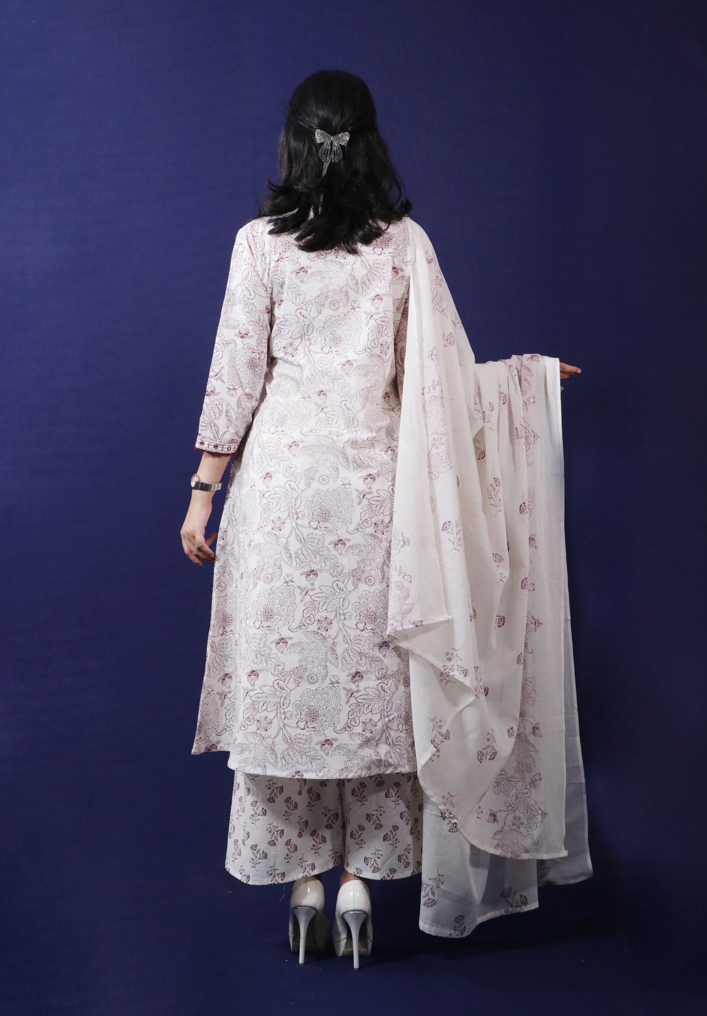 White & Maroon Printed Angrakha Suit