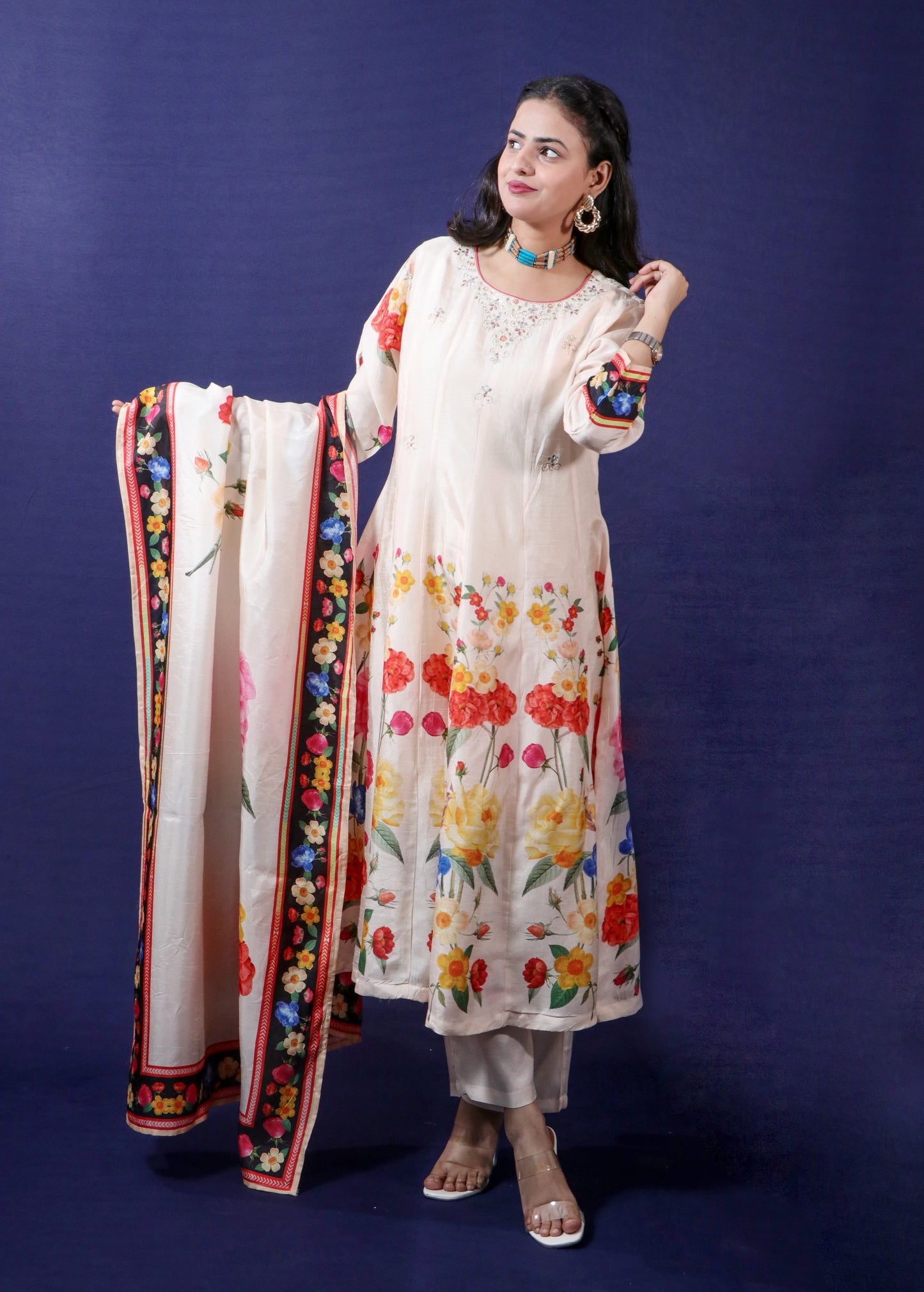 Elegant Dola Silk Off-White Anarkali