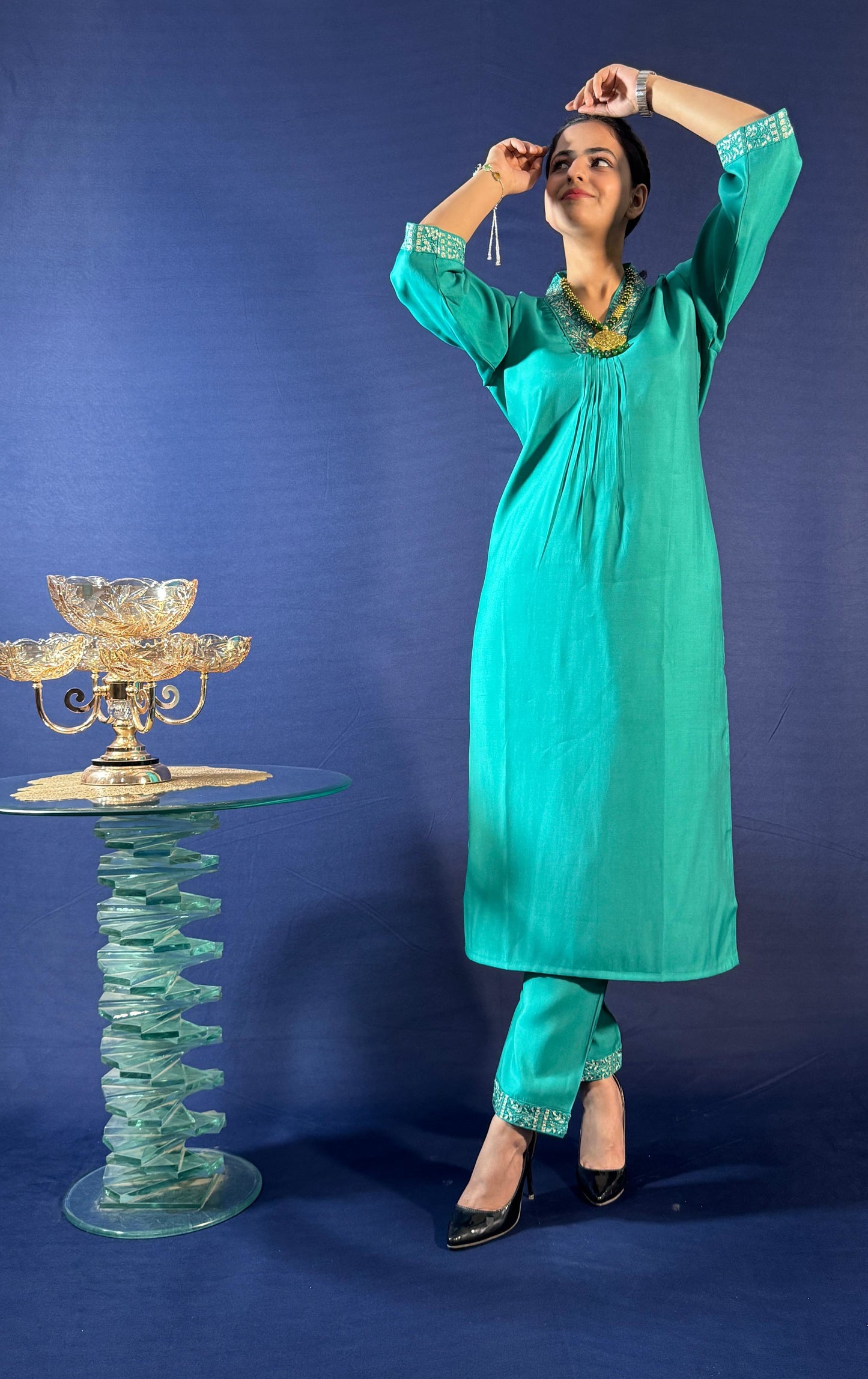 SILK BLEND V-NECK GREEN HAND WORK KURTA SET