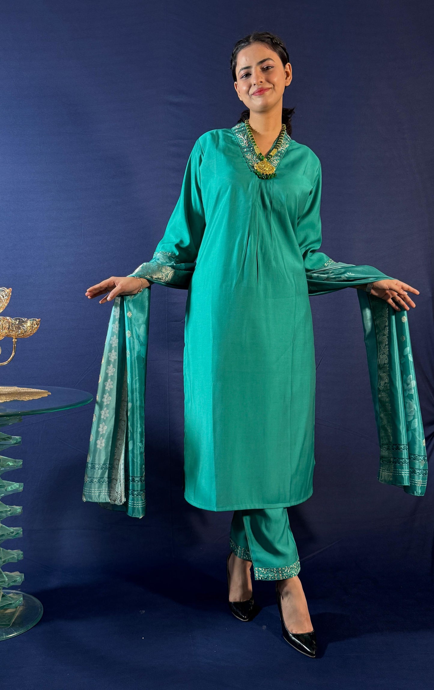 SILK BLEND V-NECK GREEN HAND WORK KURTA SET