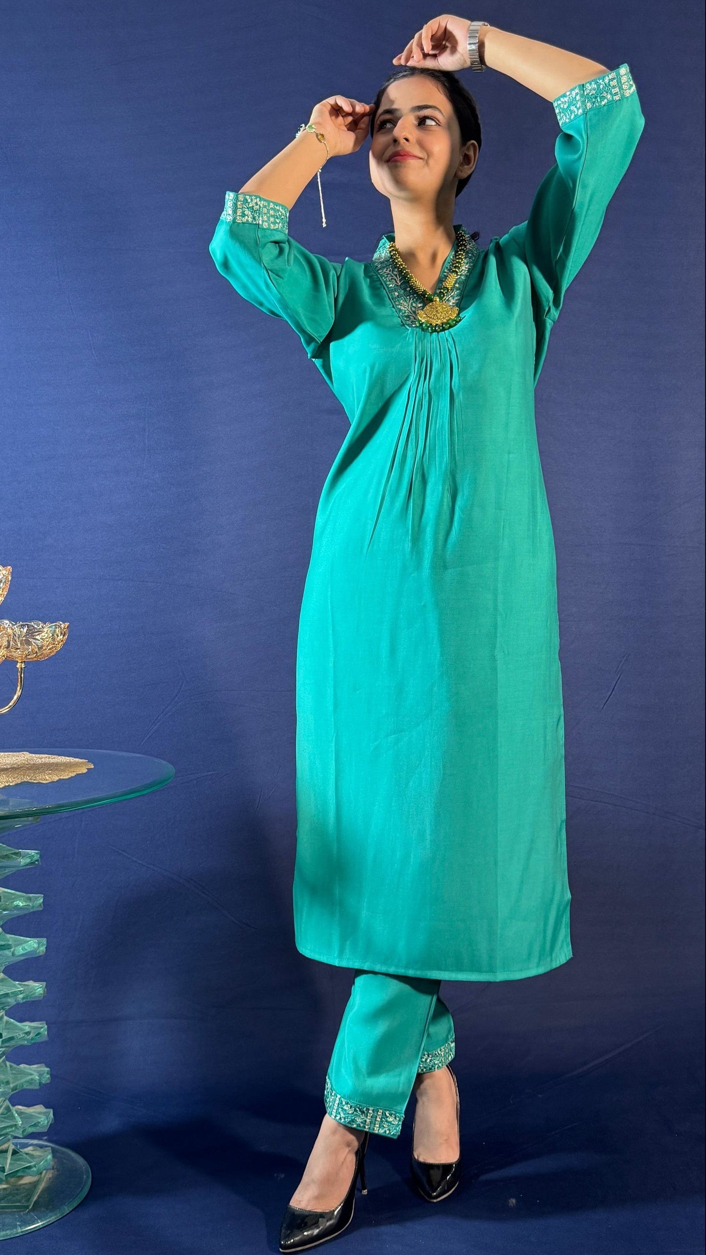 SILK BLEND V-NECK GREEN HAND WORK KURTA SET