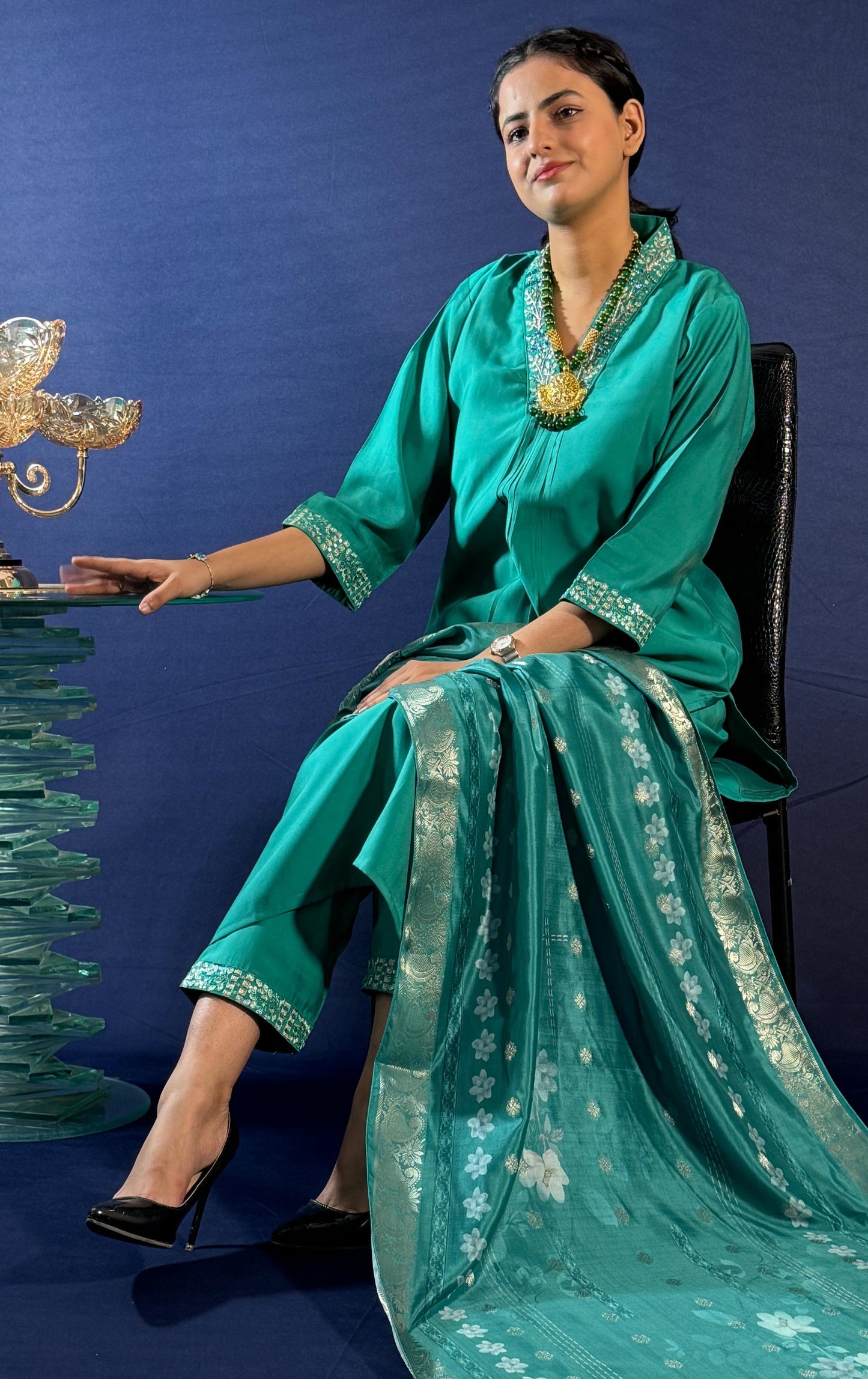 SILK BLEND V-NECK GREEN HAND WORK KURTA SET