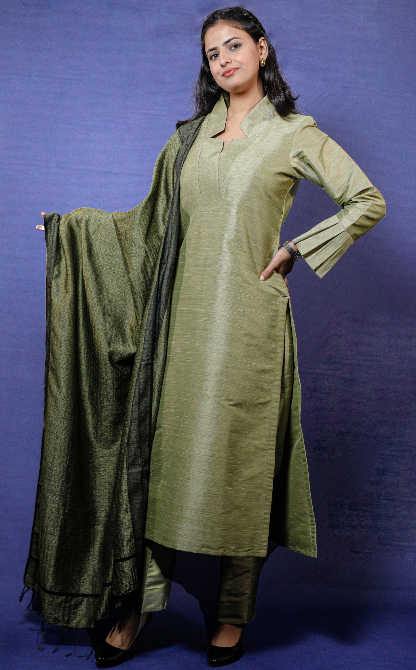 Olive Green Silk Solid Kurta Dupatta Set