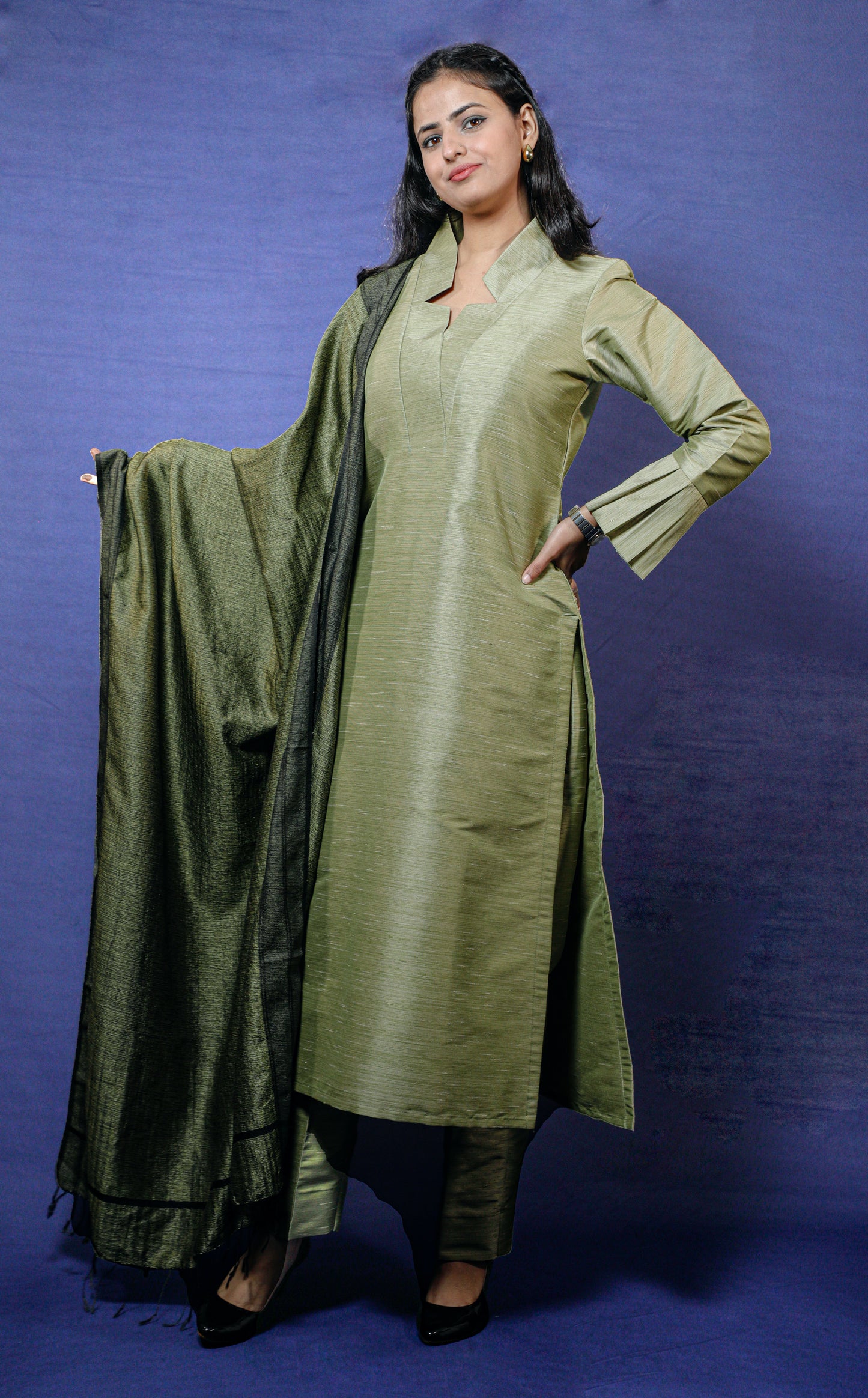 Olive Green Silk Solid Kurta Dupatta Set