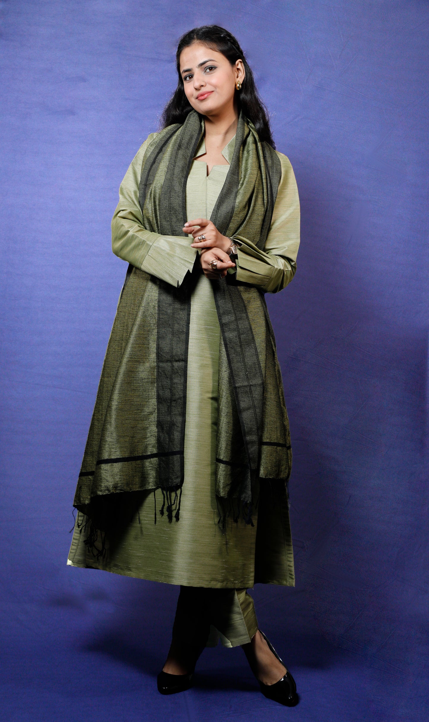 Olive Green Silk Solid Kurta Dupatta Set