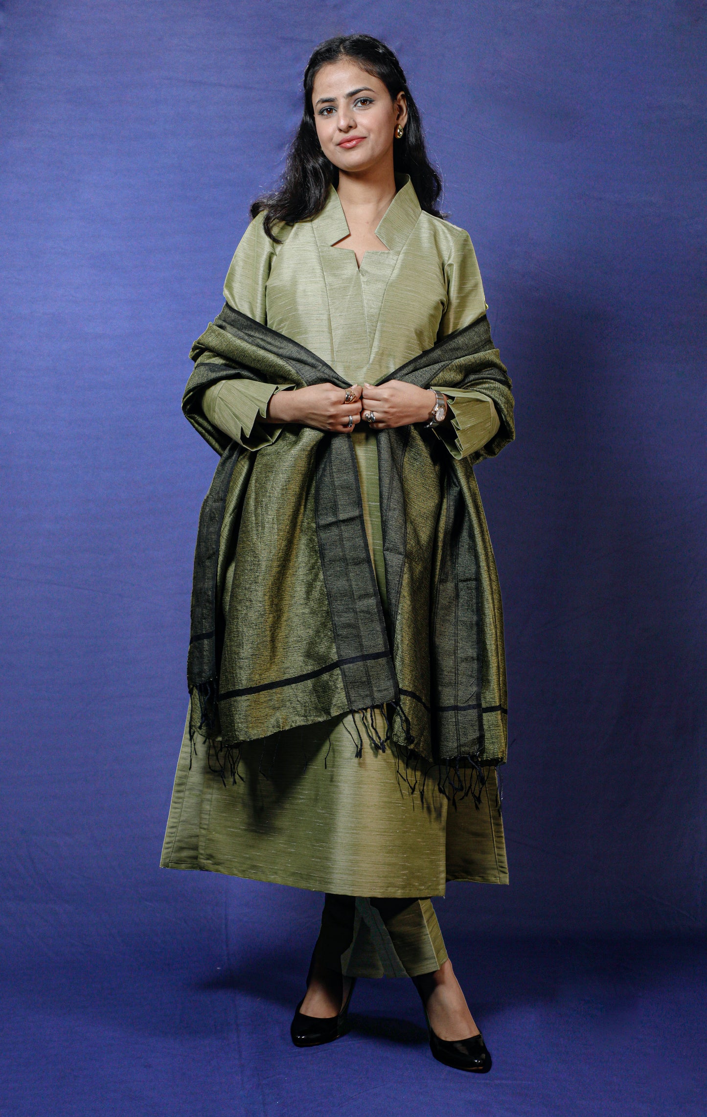 Olive Green Silk Solid Kurta Dupatta Set