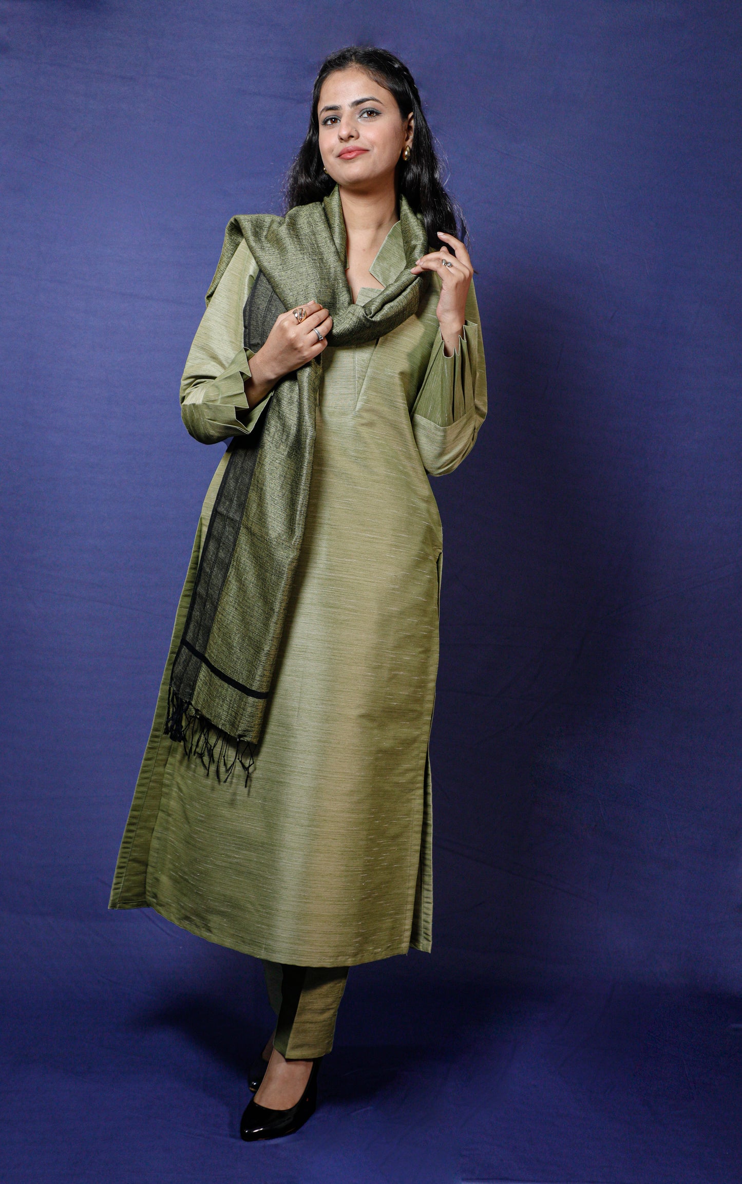 Olive Green Silk Solid Kurta Dupatta Set