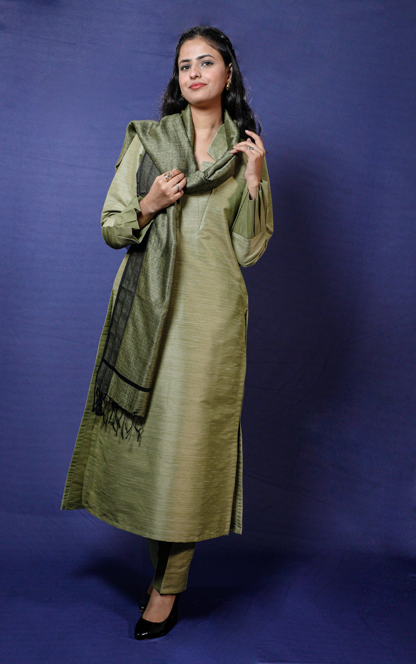 Olive Green Silk Solid Kurta Dupatta Set