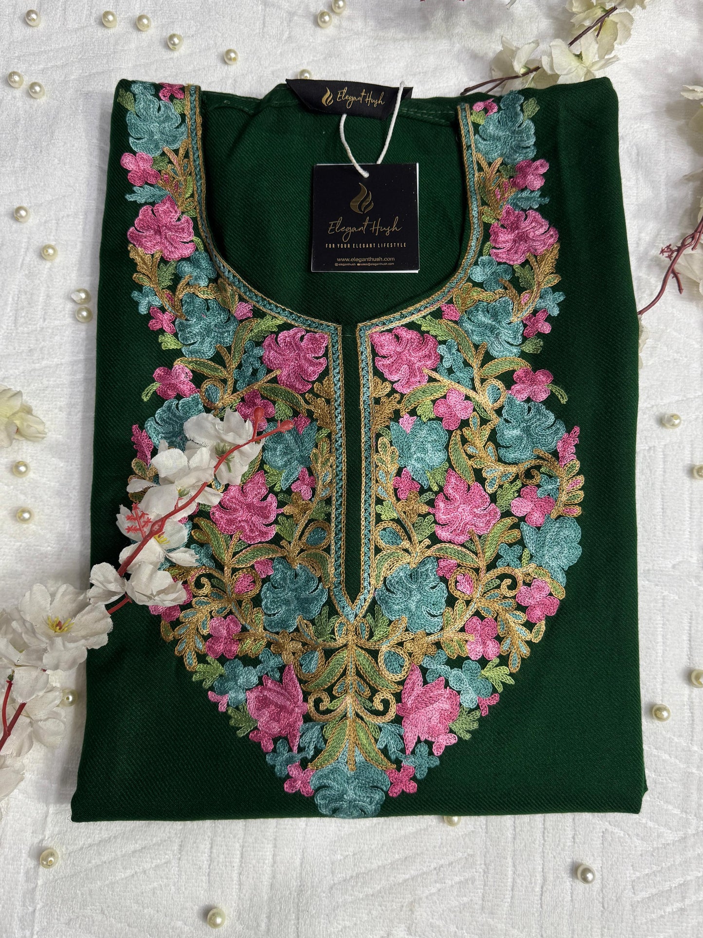 DARK GREEN KASHMIRI PHERAN WITH PINK EMBROIDERY