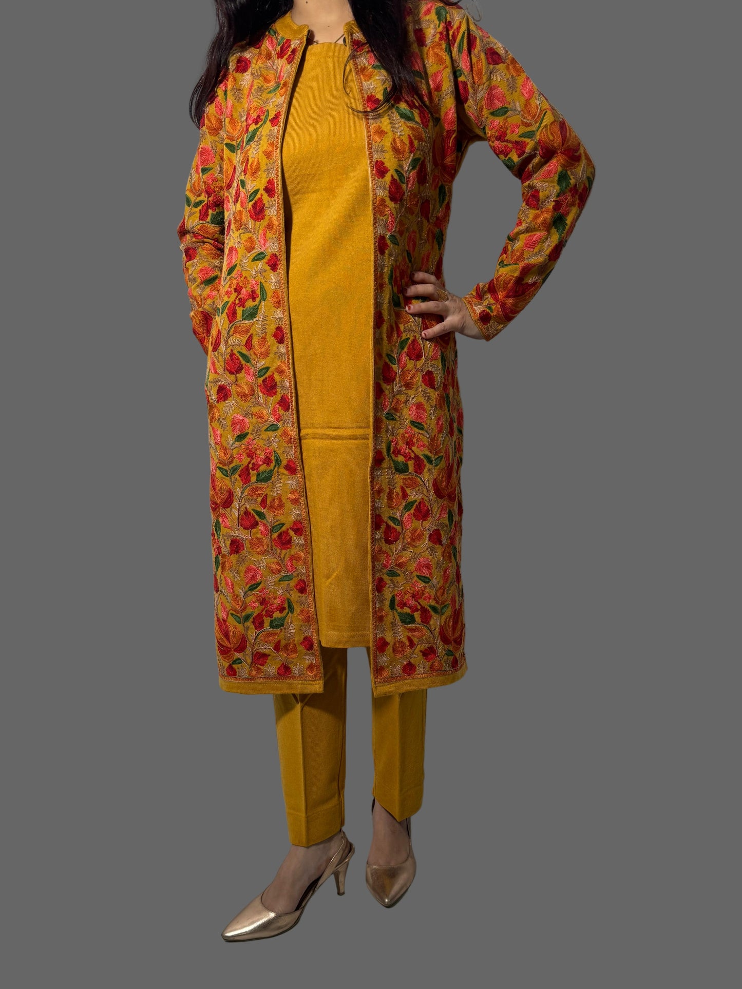 Exquisite Mustard Kashmiri Embroidered 3Pc Woolen Set(Suitable For M & L)