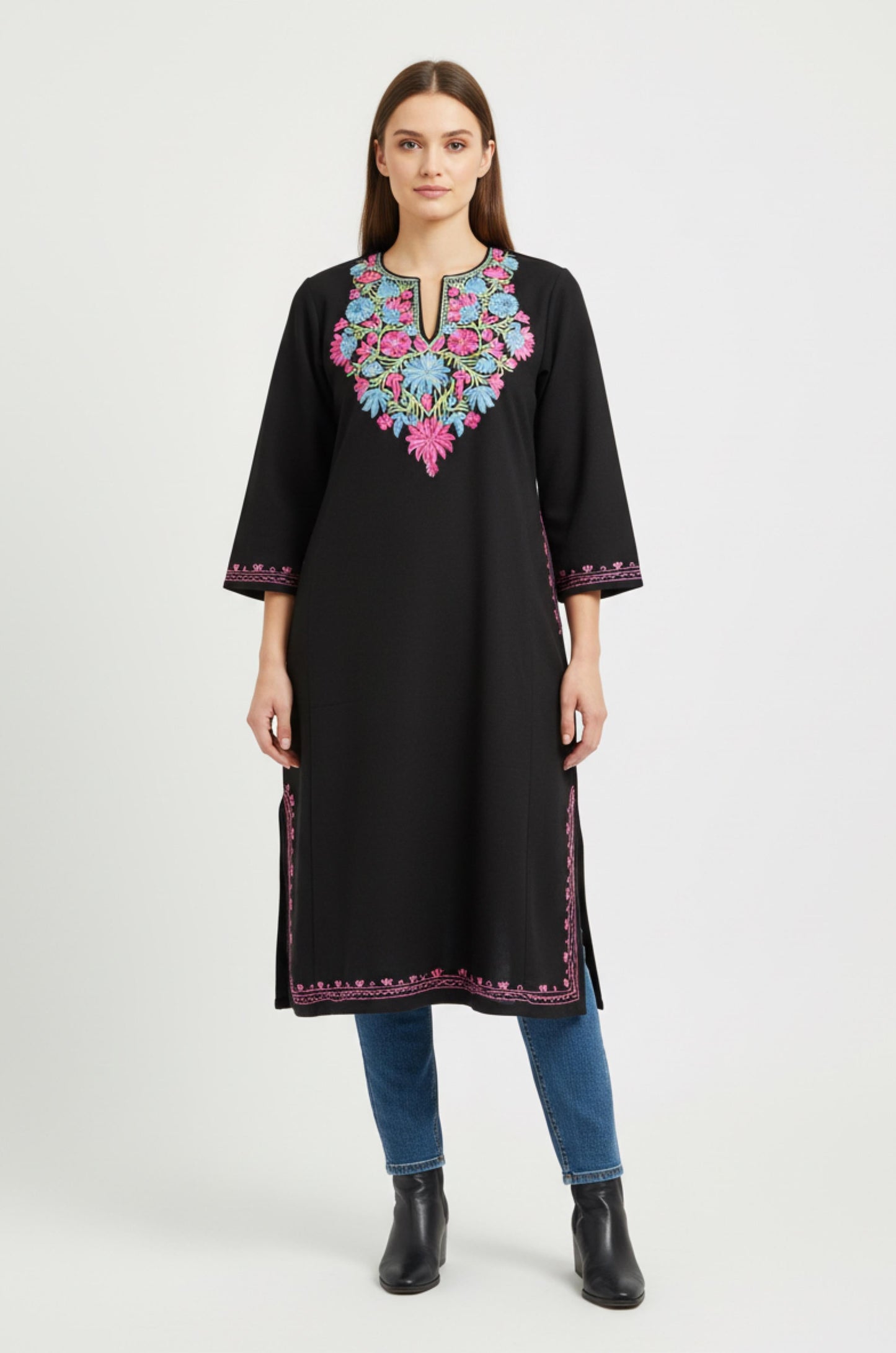 BLACK KASHMIRI PHERAN WITH PINK/BLUE EMBROIDERY