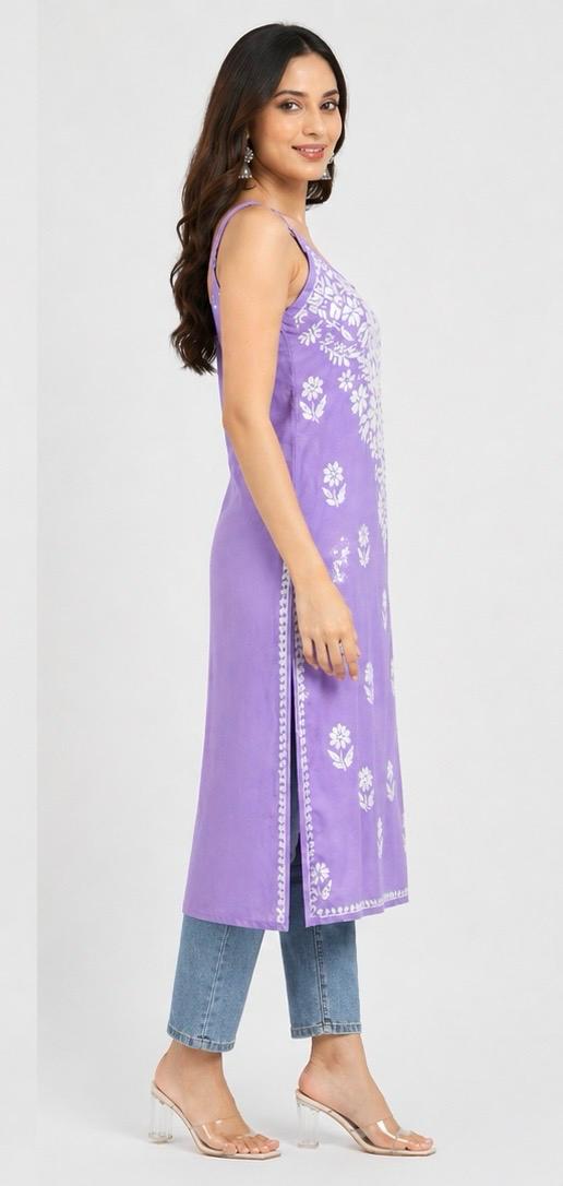 Long Lavender Chickankari Kurta(Spaghetti Neckline)