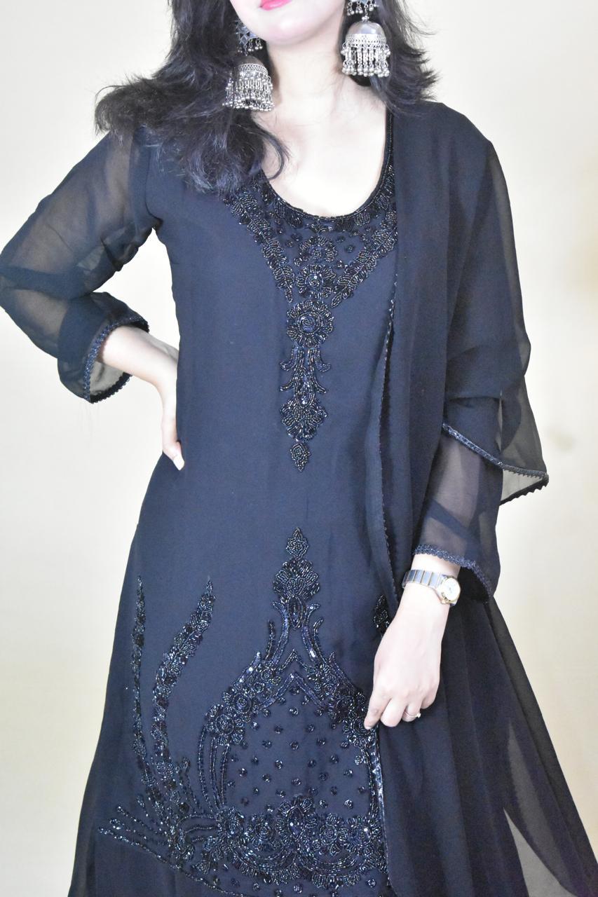BLACK HANDWORK KURTA WITH SHARARA AND DUPATTA