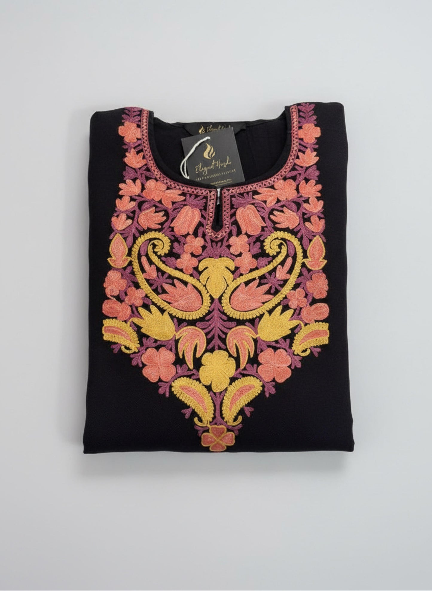 BLACK KASHMIRI PHERAN WITH PEACH/YELLOW EMBROIDERY