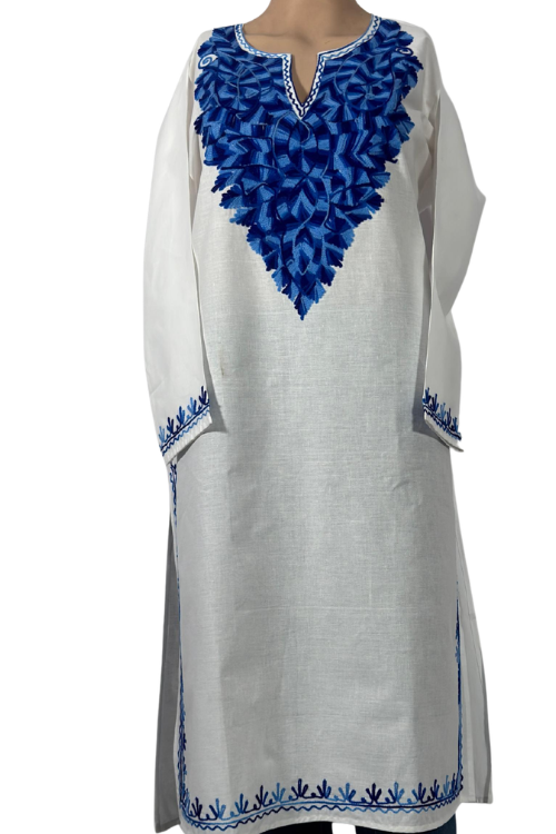 White Cotton Kurta With Blue Kashmiri Embroidery