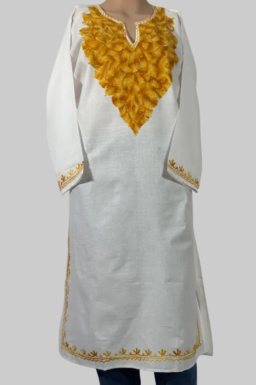Off White Cotton Kurta With Mustard Kashmiri Embroidery