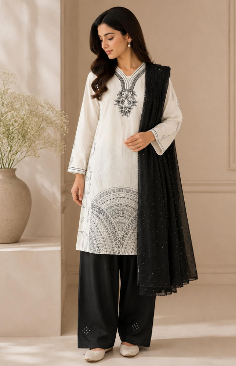 Saadagi Black & White Cotton Farshi Salwar Suit with Embroidered Neckline & Chiffon Dupatta Along With Hakoba Border Salwar
