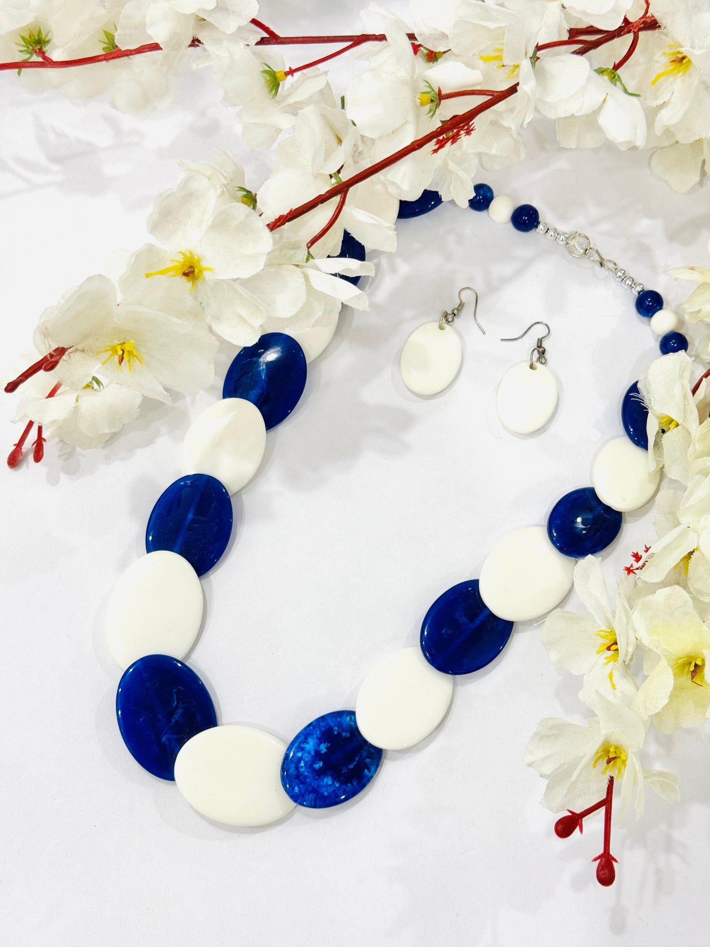 Royal Blue & White Overlapped Chemical Beads Necklace Set