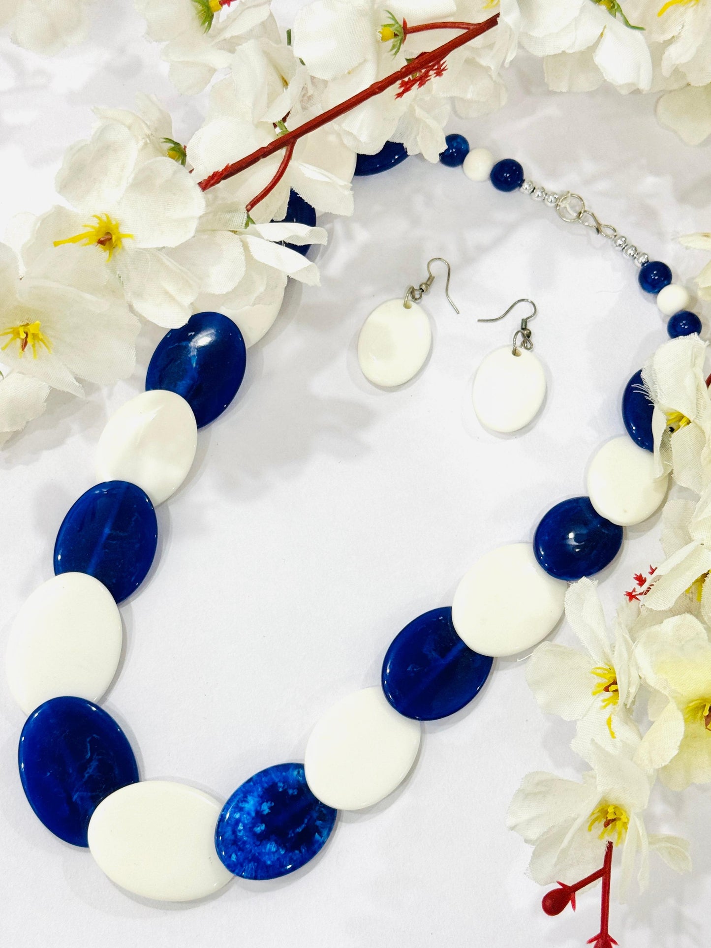 Royal Blue & White Overlapped Chemical Beads Necklace Set