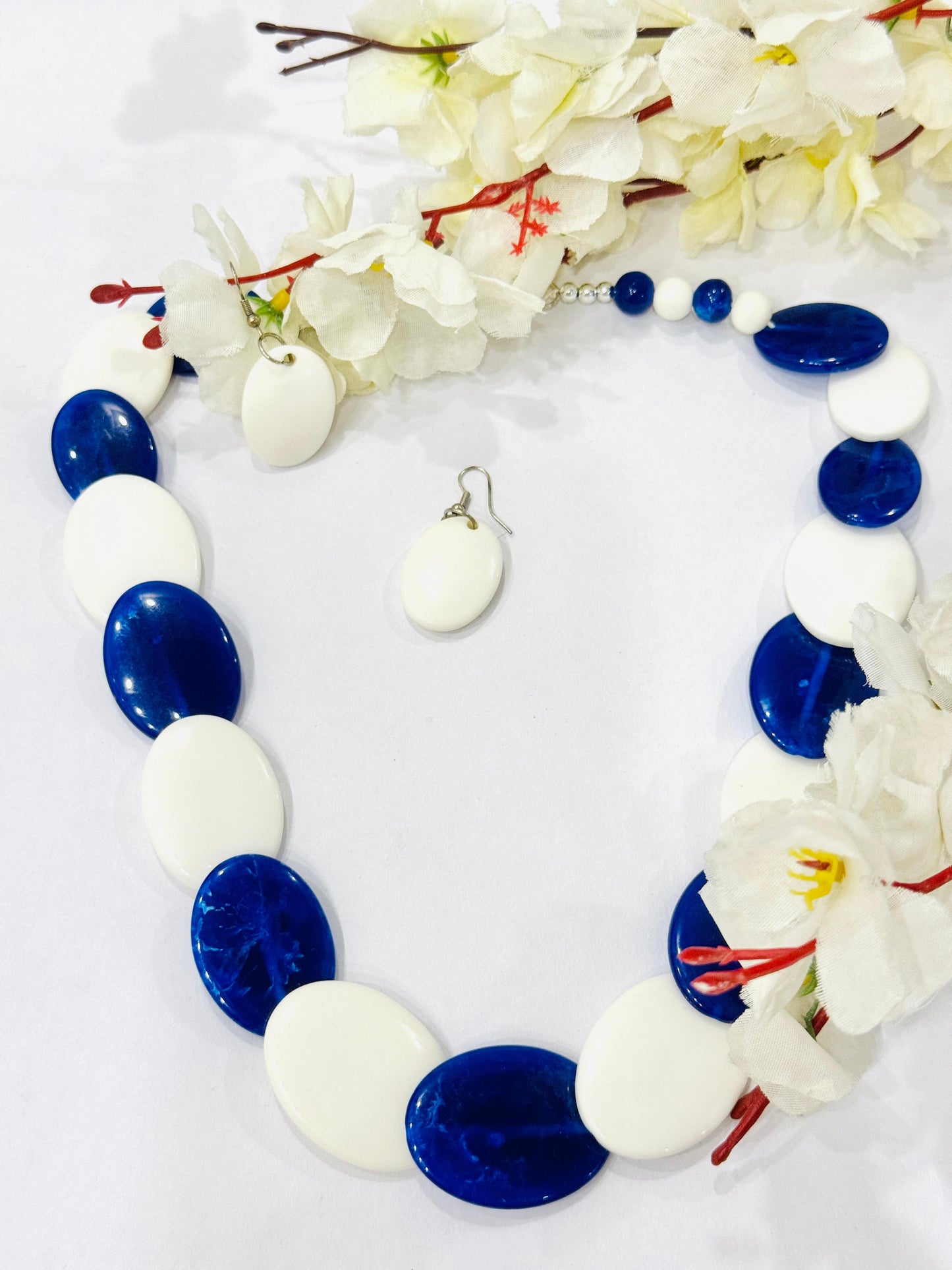 Royal Blue & White Overlapped Chemical Beads Necklace Set