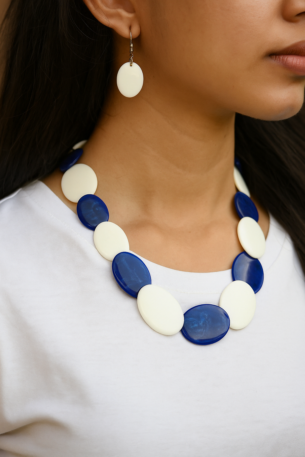 Royal Blue & White Overlapped Chemical Beads Necklace Set