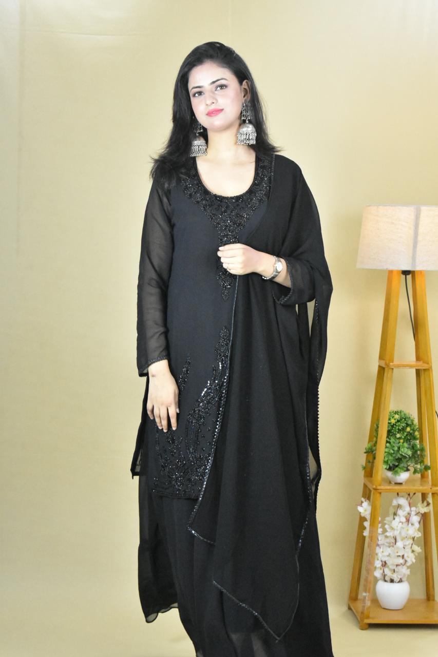 BLACK HANDWORK KURTA WITH SHARARA AND DUPATTA