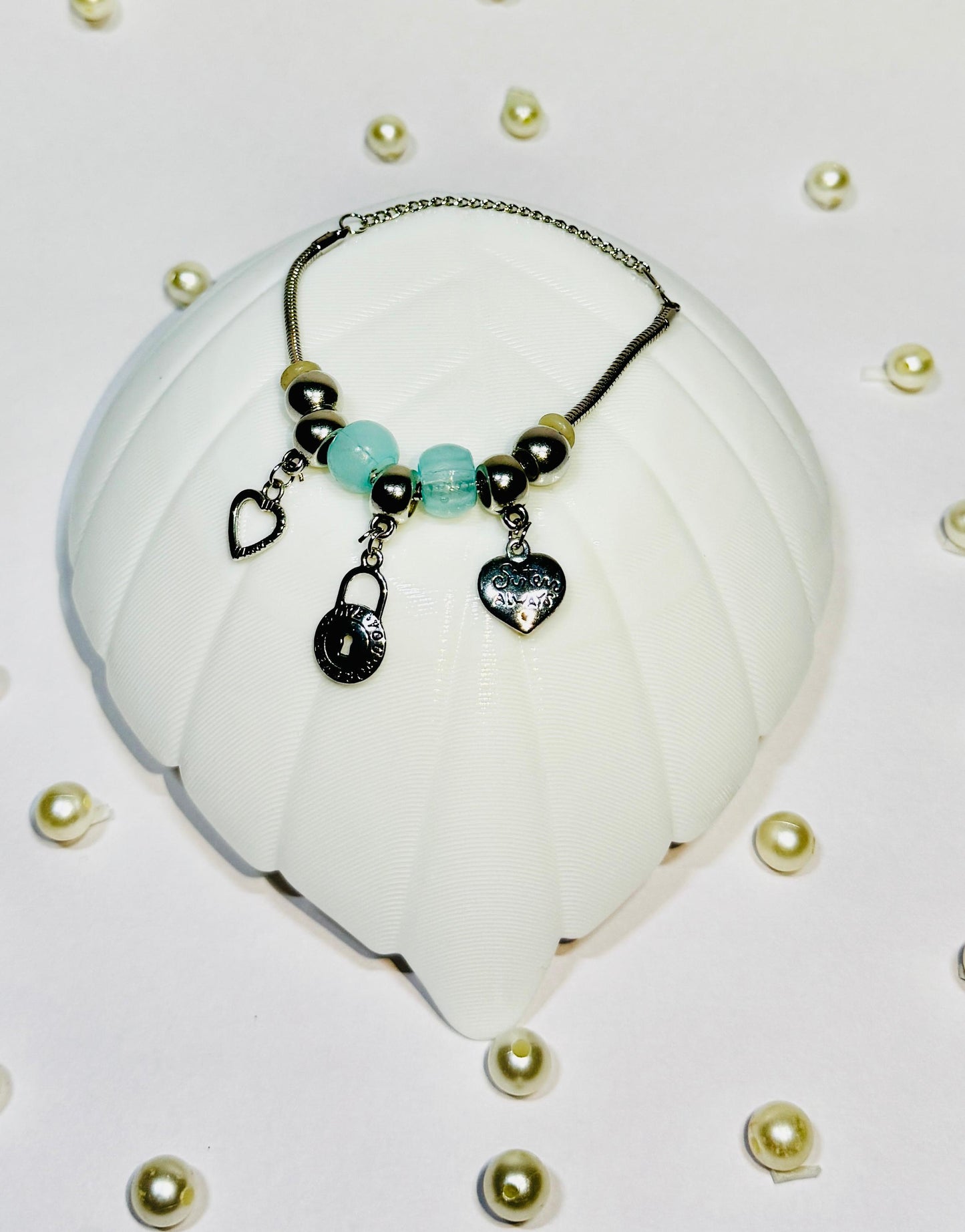 Stainless Steel Charm Bracelet with Light Green Beads