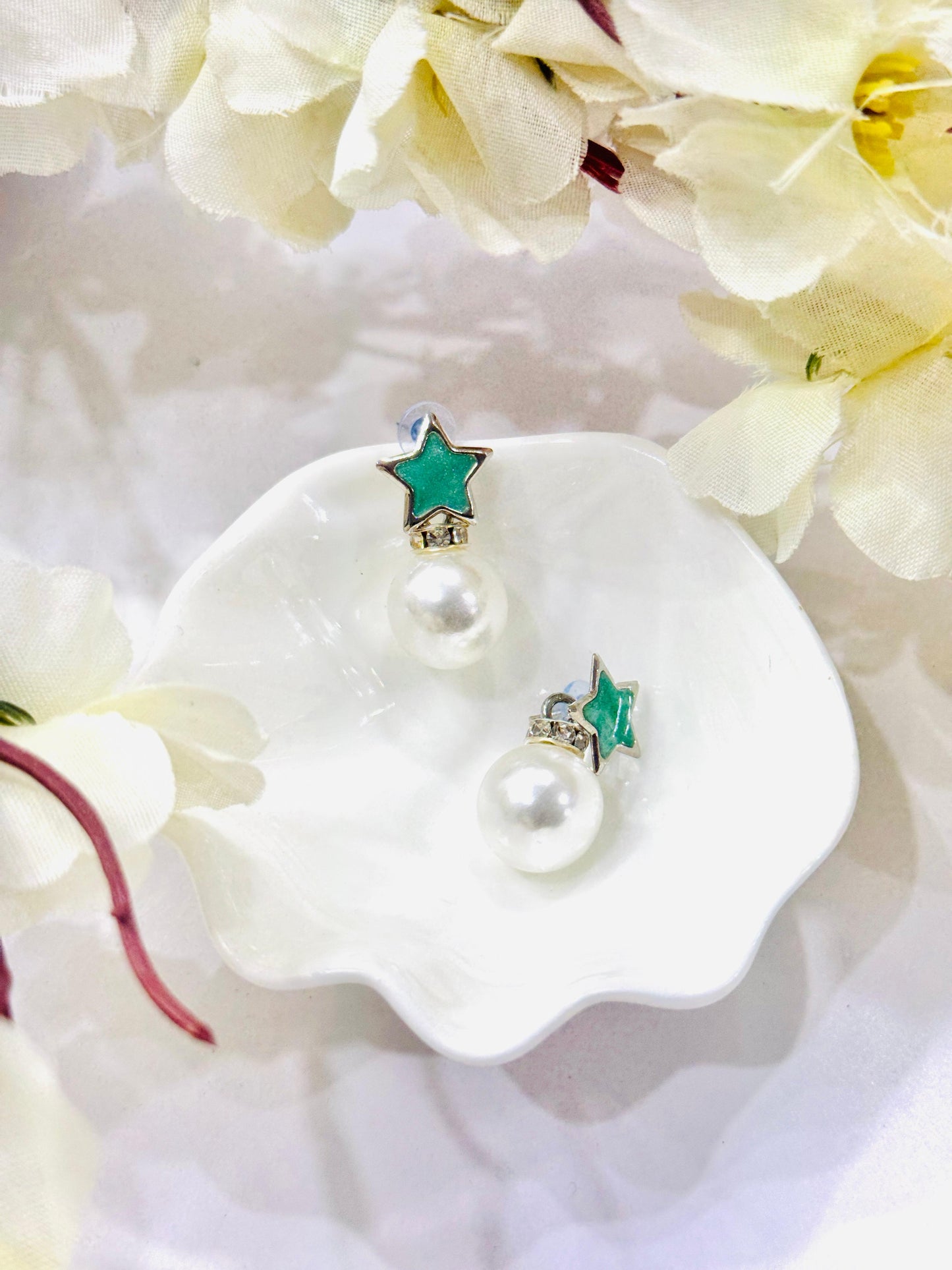 Green White Pearl Earrings