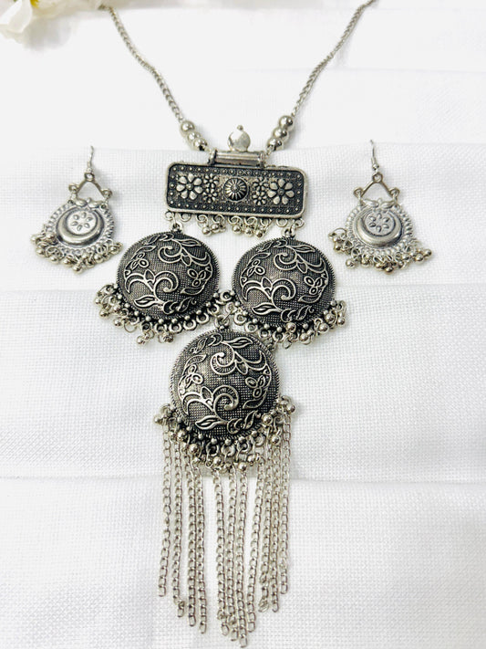 Heavy Circle Statement Oxidized Necklace Set