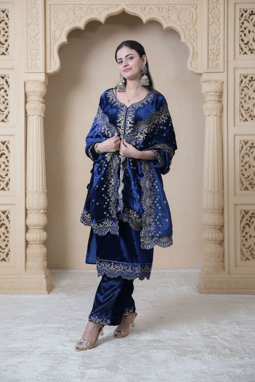 Regal Navy Blue Velvet Yoke Design Kurta Set