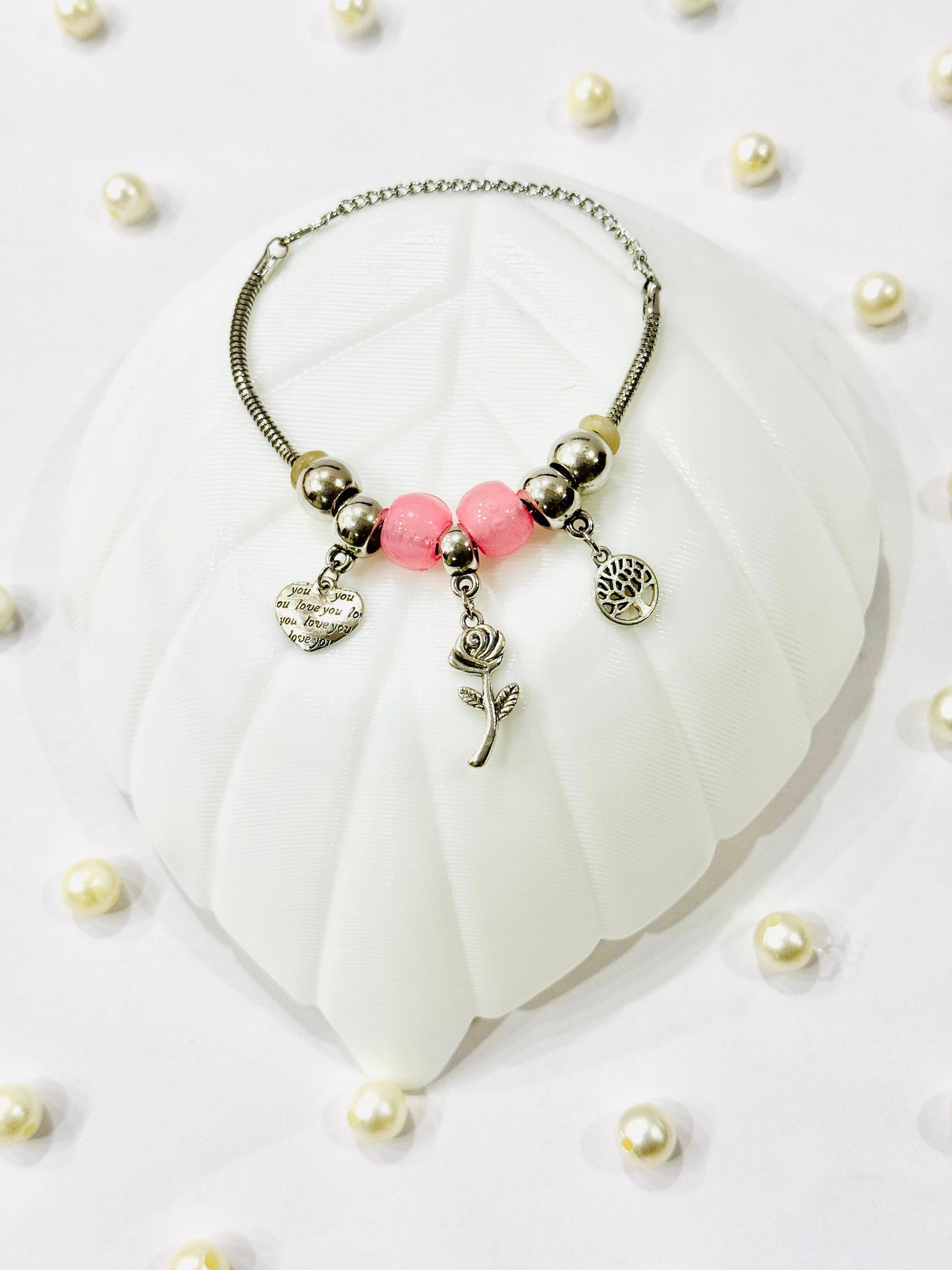 Stainless Steel Charm Bracelet with Pink Beads