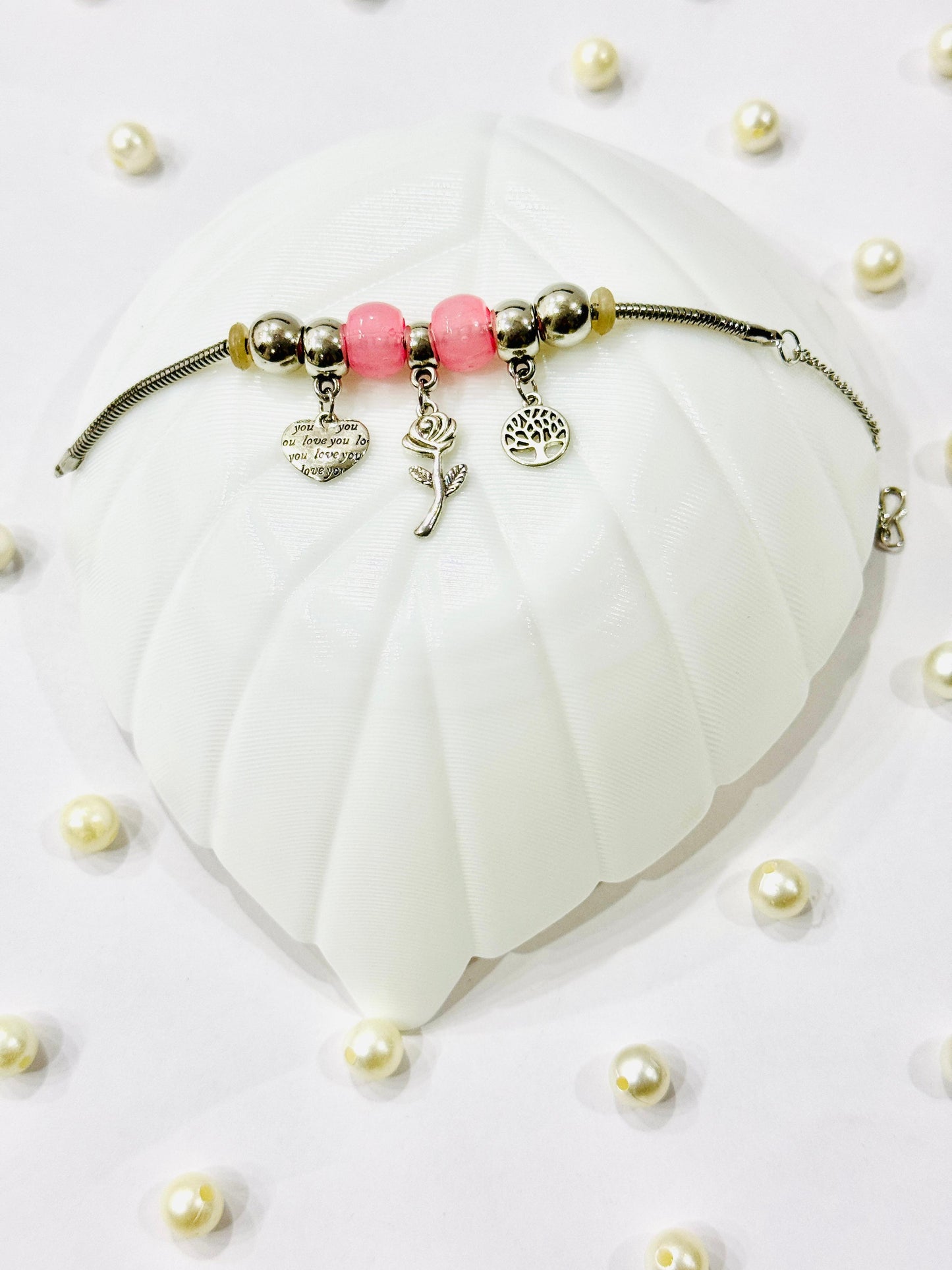 Stainless Steel Charm Bracelet with Pink Beads