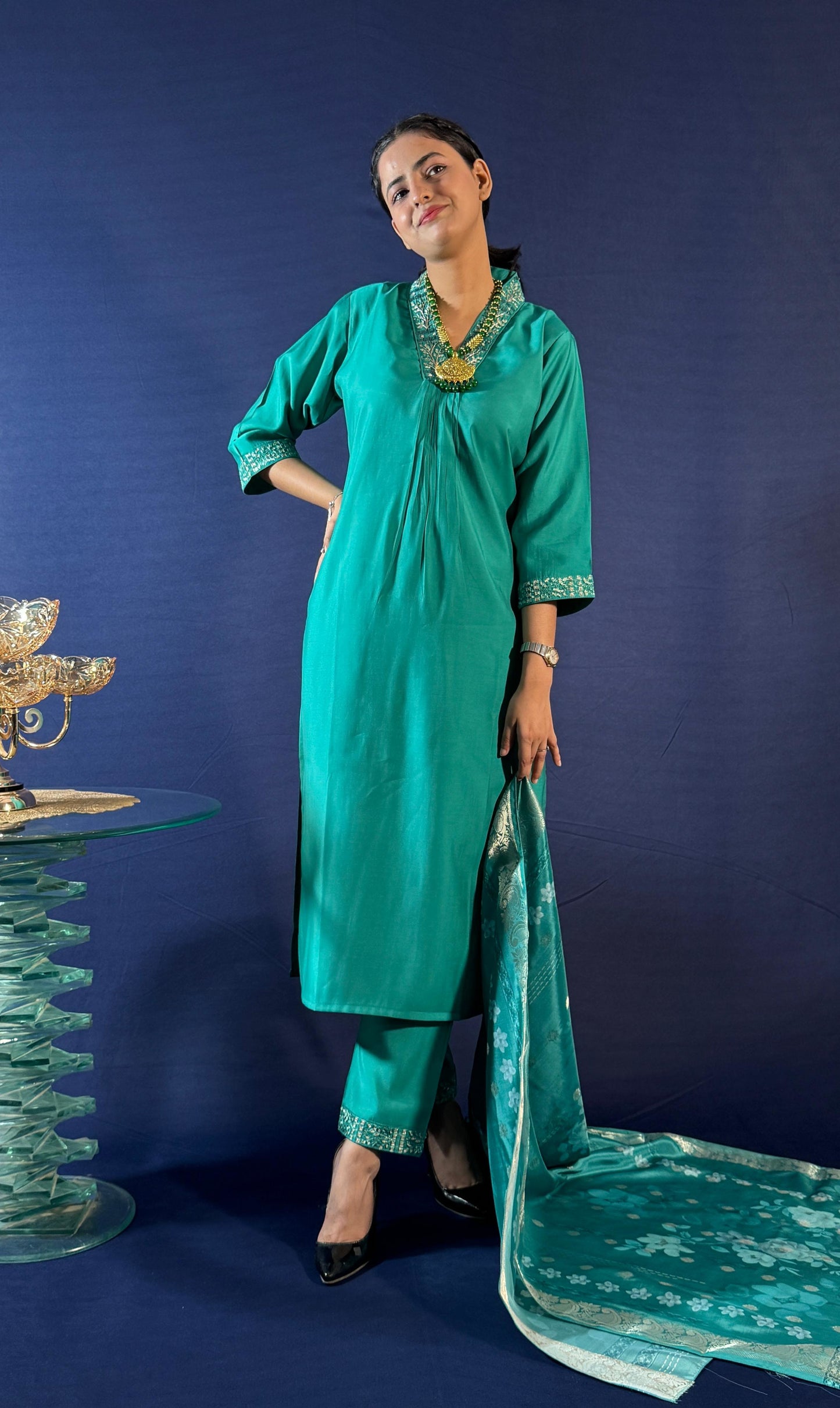 SILK BLEND V-NECK GREEN HAND WORK KURTA SET