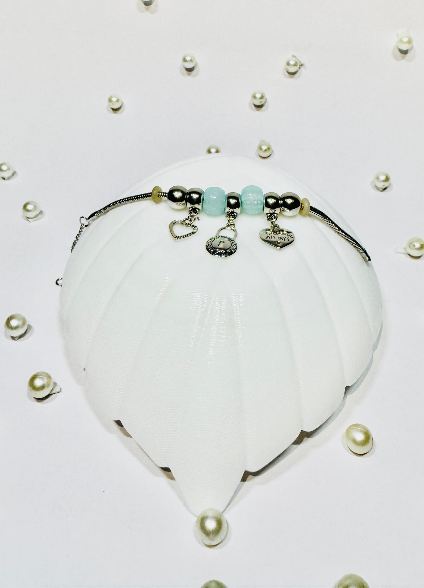 Stainless Steel Charm Bracelet with Sky Blue Beads