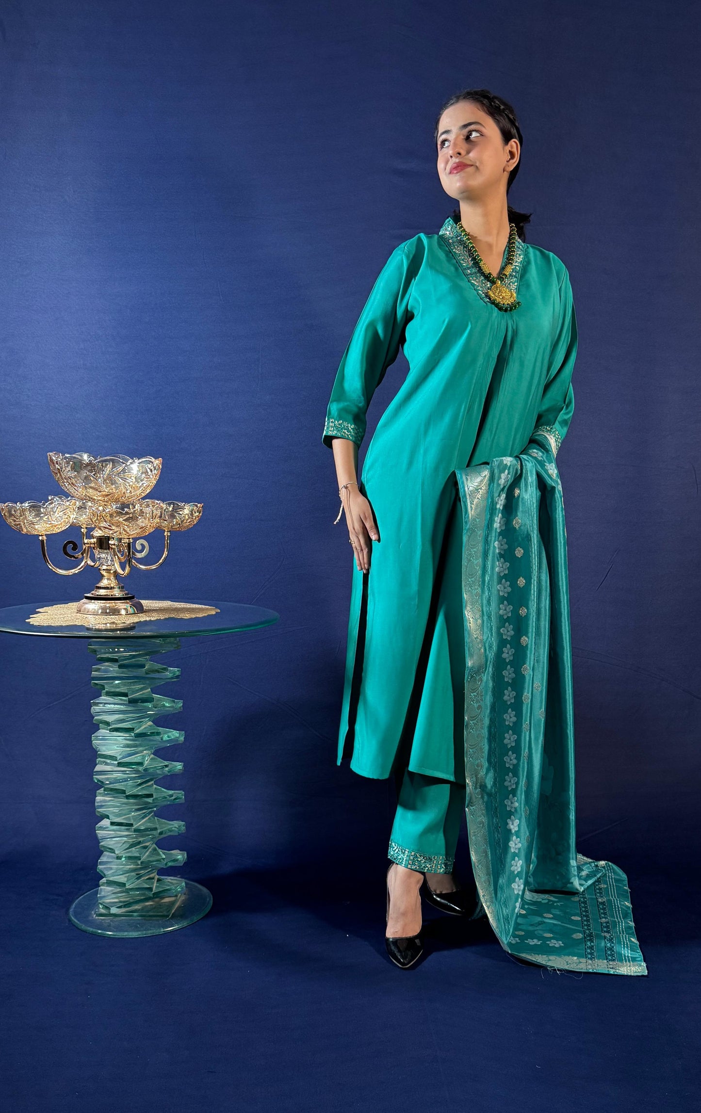 SILK BLEND V-NECK GREEN HAND WORK KURTA SET