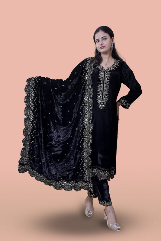 Regal Black Velvet Yoke Design Kurta Set