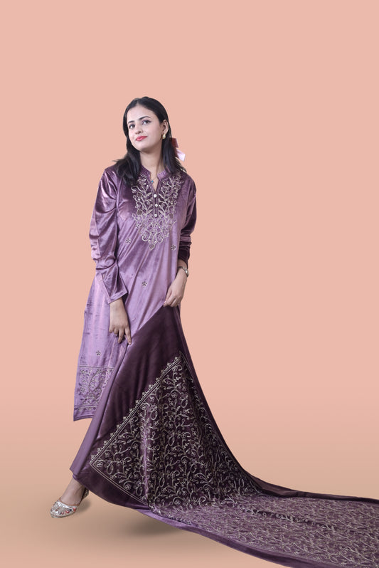 Pink Velvet Shawl Kurta Set