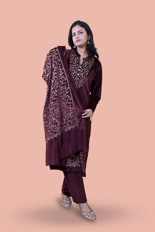 Maroon Velvet Shawl Kurta Set