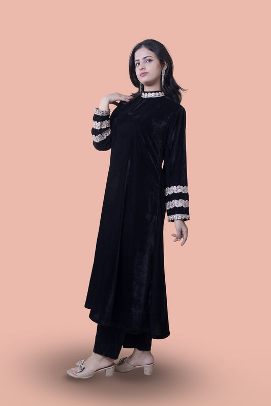 Two Piece Black Velvet Set(High Neck)