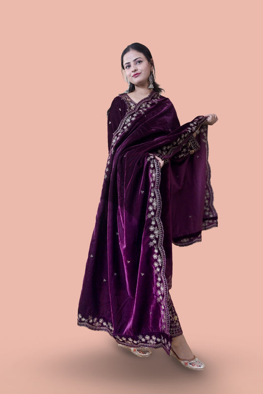 Wine Velvet Yoke Design Kurta Set