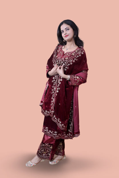 Maroon Velvet Yoke Design Kurta Set
