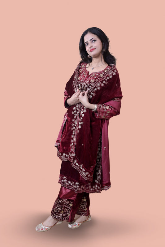 Maroon Velvet Yoke Design Kurta Set